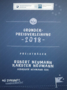 Urkunde Gründerpreis Gebrüder Neumann Schwelm Dachdecker Zimmerei Dachdeckermeister